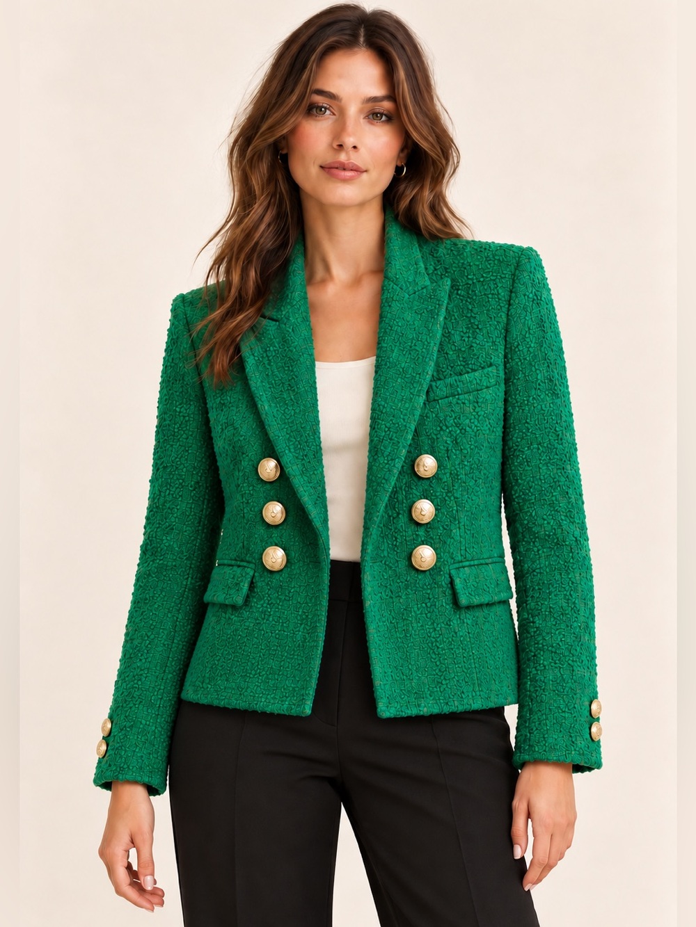 Zara Green Tweed Boucle Cropped Blazer M Double Breasted Gold Buttons.